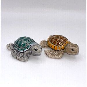 Set Of 2 Handmade Ceramic/Pottery Glazed Sea Turtle Figurines, Miniature
